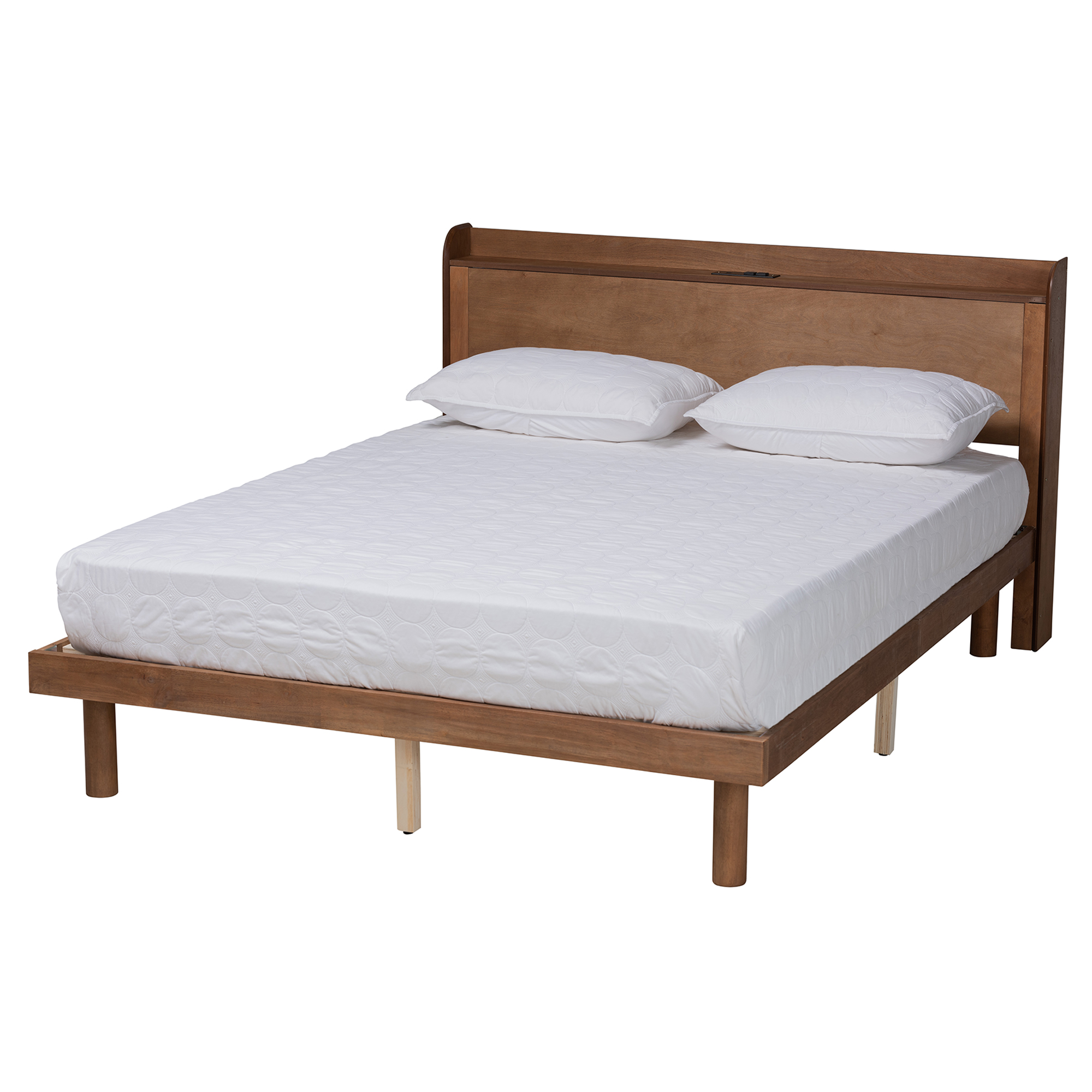 Baxton Studio Decker Mid-Century Modern Transitional Walnut Brown Finished Wood Queen Size Platform Bed with Charging Station